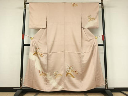 平和屋着物▽訪問着　単衣　友禅　絞り　片輪車花文　肌色　金彩　正絹　逸品　AABK9870jh