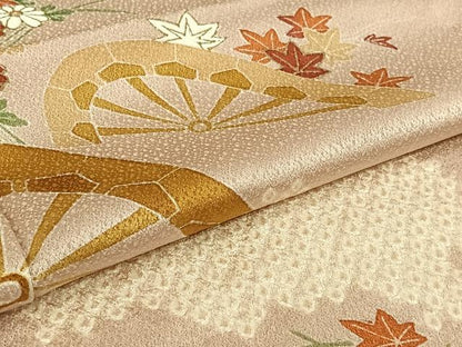 平和屋着物▽訪問着　単衣　友禅　絞り　片輪車花文　肌色　金彩　正絹　逸品　AABK9870jh