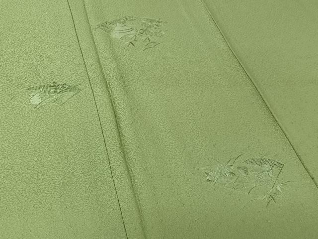 平和屋着物▽豪華色留袖　単衣　中国三大刺繍　汕頭刺繍　スワトウ刺繍　総刺繍　地紙松竹梅　薄萌葱色　正絹　逸品　AABK9875jh