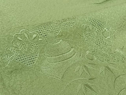 平和屋着物▽豪華色留袖　単衣　中国三大刺繍　汕頭刺繍　スワトウ刺繍　総刺繍　地紙松竹梅　薄萌葱色　正絹　逸品　AABK9875jh