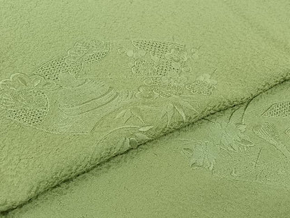 平和屋着物▽豪華色留袖　単衣　中国三大刺繍　汕頭刺繍　スワトウ刺繍　総刺繍　地紙松竹梅　薄萌葱色　正絹　逸品　AABK9875jh