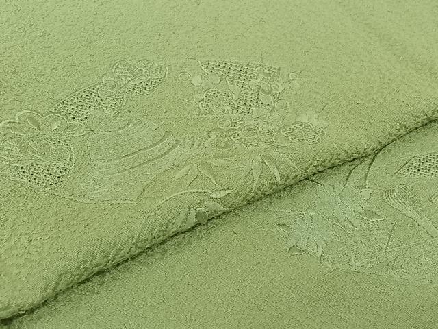 平和屋着物▽豪華色留袖　単衣　中国三大刺繍　汕頭刺繍　スワトウ刺繍　総刺繍　地紙松竹梅　薄萌葱色　正絹　逸品　AABK9875jh