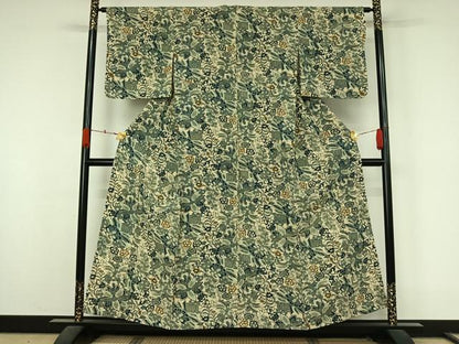 平和屋着物▽上質な小紋　単衣　藍　型染め　更紗花文　正絹　逸品　AABK9877jh