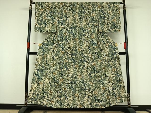 平和屋着物▽上質な小紋　単衣　藍　型染め　更紗花文　正絹　逸品　AABK9877jh