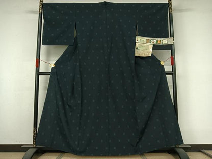 平和屋着物▽本塩沢　単衣　幾何学文様　証紙付き　正絹　逸品　AABK9878jh