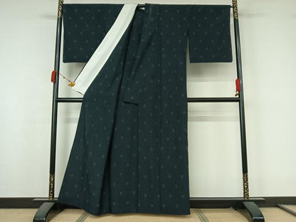 平和屋着物▽本塩沢　単衣　幾何学文様　証紙付き　正絹　逸品　AABK9878jh