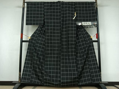 平和屋着物▽西陣　花黄八　紬　単衣　格子　黒地　正絹　逸品　AABK9880jh