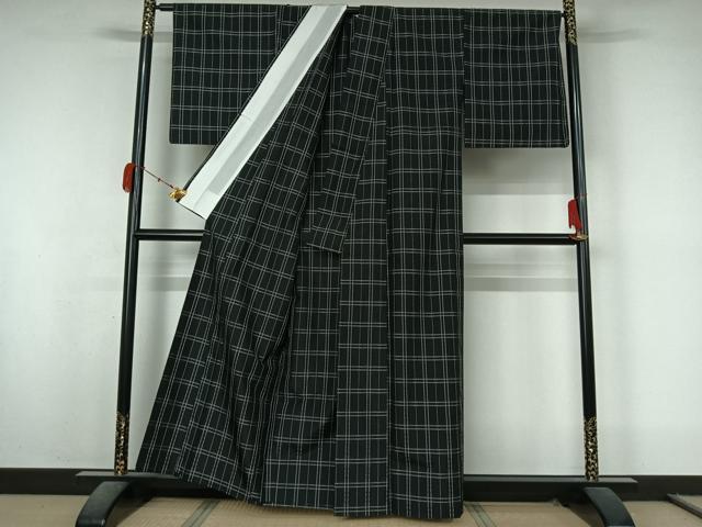 平和屋着物▽西陣　花黄八　紬　単衣　格子　黒地　正絹　逸品　AABK9880jh