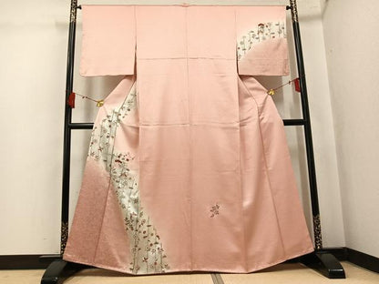平和屋着物●訪問着　中国三大刺繍　汕頭刺繍　スワトウ刺繍　松竹梅　雪輪舞蝶文　暈し染め　金銀彩　正絹　逸品　AABK9895ph