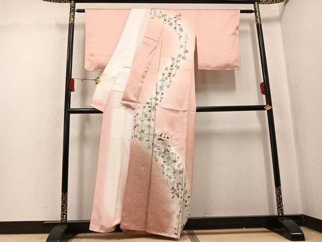 平和屋着物●訪問着　中国三大刺繍　汕頭刺繍　スワトウ刺繍　松竹梅　雪輪舞蝶文　暈し染め　金銀彩　正絹　逸品　AABK9895ph