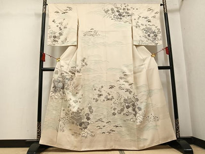 平和屋着物●訪問着　駒刺繍　松竹梅　立波風景草花文　銀彩　正絹　逸品　AABK9897ph