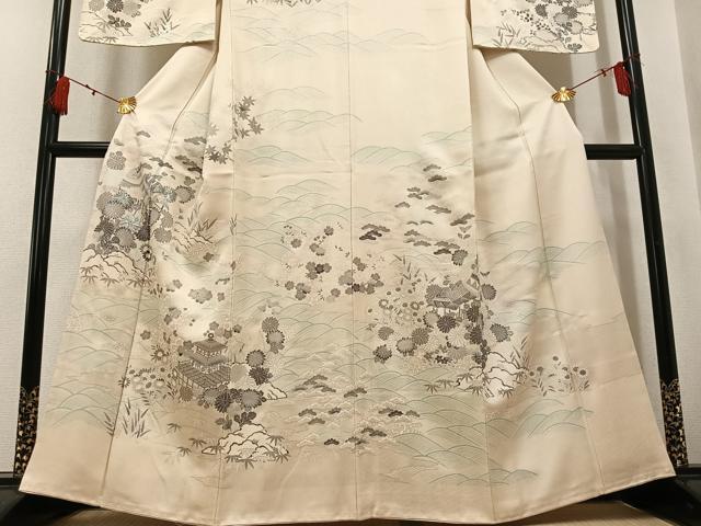 平和屋着物●訪問着　駒刺繍　松竹梅　立波風景草花文　銀彩　正絹　逸品　AABK9897ph