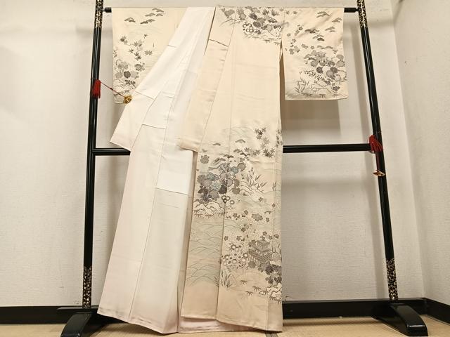 平和屋着物●訪問着　駒刺繍　松竹梅　立波風景草花文　銀彩　正絹　逸品　AABK9897ph