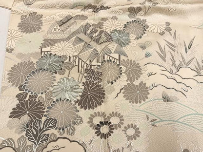 平和屋着物●訪問着　駒刺繍　松竹梅　立波風景草花文　銀彩　正絹　逸品　AABK9897ph