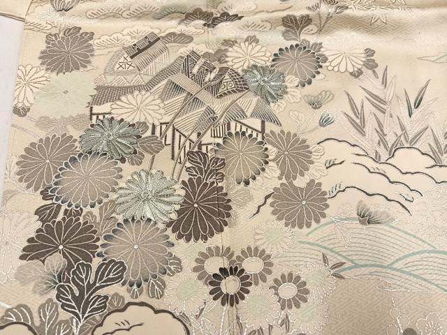 平和屋着物●訪問着　駒刺繍　松竹梅　立波風景草花文　銀彩　正絹　逸品　AABK9897ph