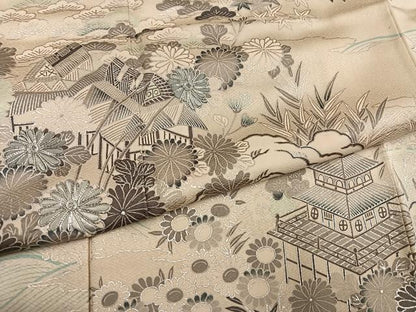 平和屋着物●訪問着　駒刺繍　松竹梅　立波風景草花文　銀彩　正絹　逸品　AABK9897ph