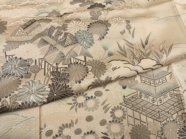 平和屋着物●訪問着　駒刺繍　松竹梅　立波風景草花文　銀彩　正絹　逸品　AABK9897ph