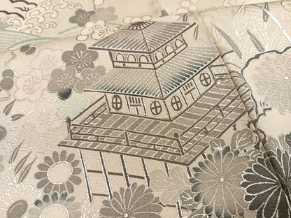 平和屋着物●訪問着　駒刺繍　松竹梅　立波風景草花文　銀彩　正絹　逸品　AABK9897ph