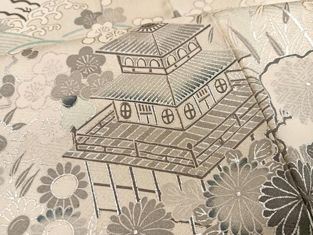 平和屋着物●訪問着　駒刺繍　松竹梅　立波風景草花文　銀彩　正絹　逸品　AABK9897ph