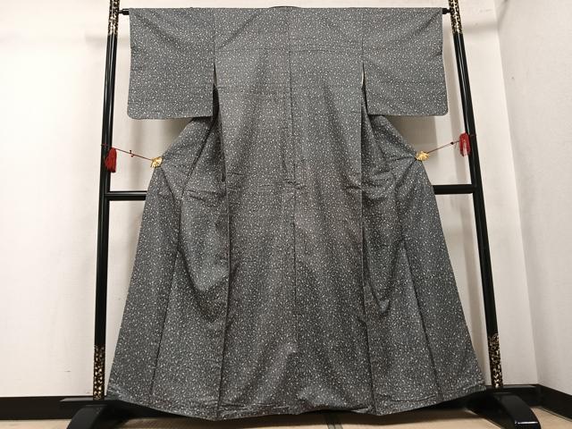 平和屋着物●上質な小紋　紬地　舞扇花文　正絹　逸品　AABK9901ph