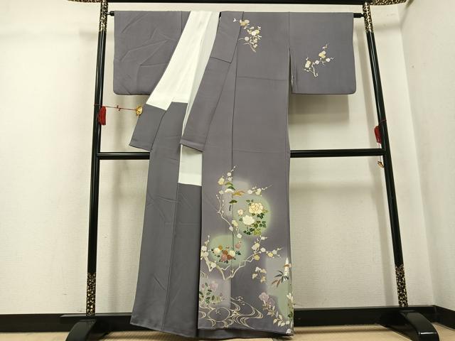 平和屋着物●訪問着　駒刺繍　草花文　暈し染め　正絹　逸品　AABK9905ph