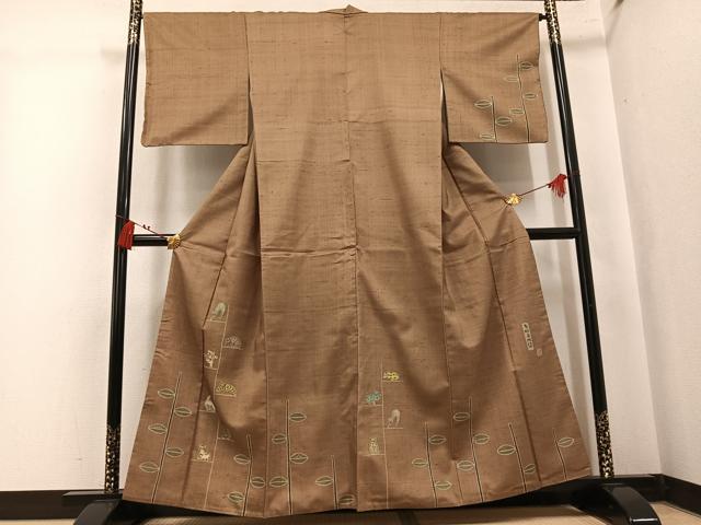平和屋着物●手彫木版染　佐伯武晴　訪問着　紬地　手彫木版染　猫　ネコ　正絹　逸品　AABK9909ph