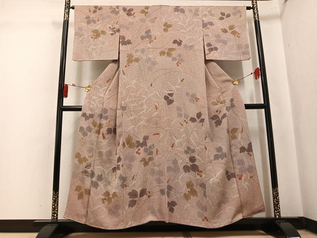 平和屋着物●訪問着　駒刺繍　枝葉文　金彩　正絹　逸品　AABK9924ph