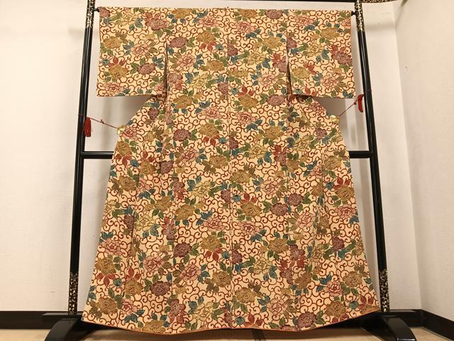 平和屋着物●上質な小紋　型染め　花唐草文　正絹　逸品　AABK9925ph
