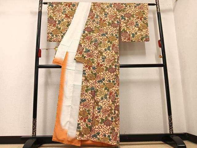 平和屋着物●上質な小紋　型染め　花唐草文　正絹　逸品　AABK9925ph