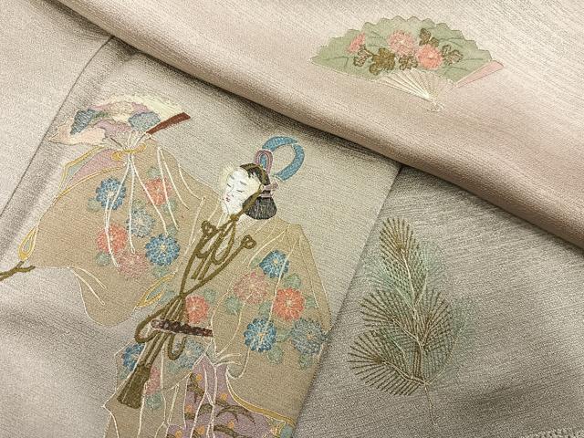 平和屋着物●訪問着　駒刺繍　人物冊子扇面花文　暈し染め　金糸　正絹　逸品　未使用　AABK9926ph