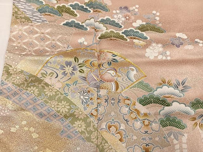平和屋着物●訪問着　駒刺繍　地紙鴛鴦鳳凰草花文　暈し染め　金銀彩　正絹　逸品　未使用　AABK9930ph