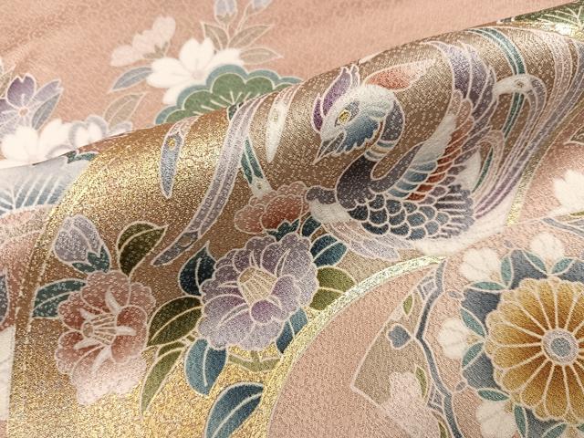 平和屋着物●訪問着　駒刺繍　地紙鴛鴦鳳凰草花文　暈し染め　金銀彩　正絹　逸品　未使用　AABK9930ph