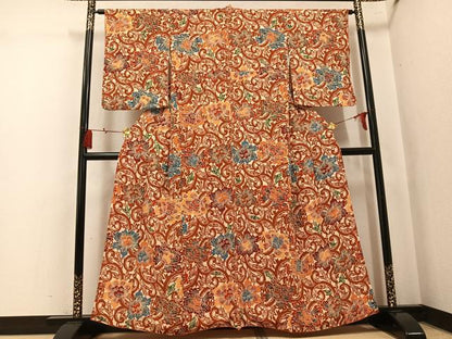 平和屋着物●上質な小紋　型染め　花唐草文　鬼しぼ縮緬　正絹　逸品　AABK9932ph