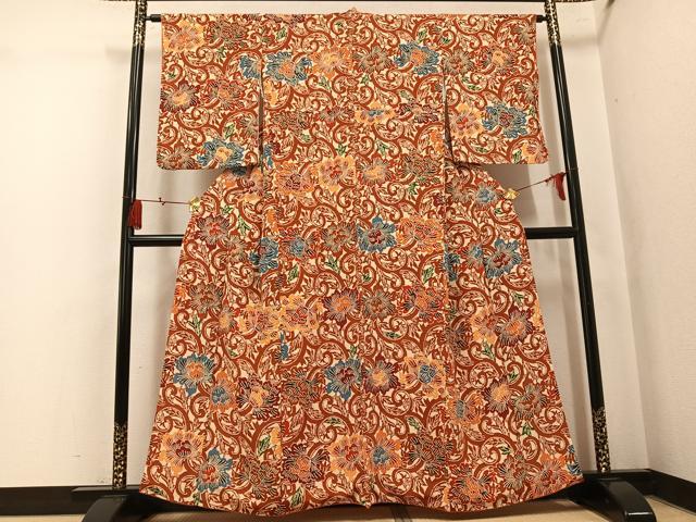平和屋着物●上質な小紋　型染め　花唐草文　鬼しぼ縮緬　正絹　逸品　AABK9932ph