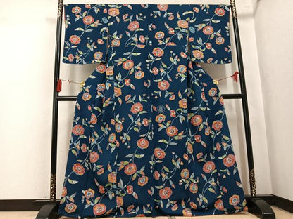 平和屋着物●上質な小紋　型染め　枝花文　鬼しぼ縮緬　正絹　逸品　AABK9935ph