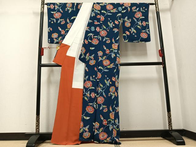 平和屋着物●上質な小紋　型染め　枝花文　鬼しぼ縮緬　正絹　逸品　AABK9935ph