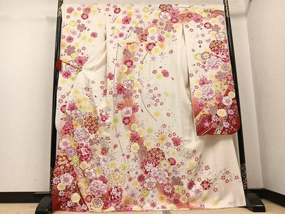 平和屋着物●豪華振袖　花蝶文　暈し染め　金銀彩　銀通し地　正絹　逸品　AABK9943ph