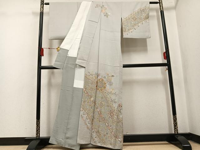 平和屋着物●訪問着　総刺繍　中国三大刺繍　汕頭刺繍　スワトウ刺繍　草花文　金糸　正絹　逸品　AABK9944ph