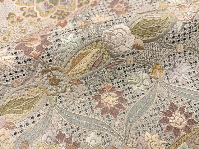 平和屋着物●訪問着　総刺繍　中国三大刺繍　汕頭刺繍　スワトウ刺繍　草花文　金糸　正絹　逸品　AABK9944ph