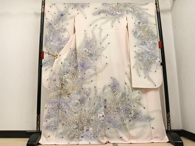平和屋着物●豪華振袖　駒刺繍　孔雀花文　暈し染め　金彩　正絹　逸品　AABK9950ph