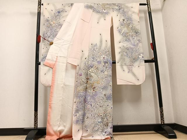 平和屋着物●豪華振袖　駒刺繍　孔雀花文　暈し染め　金彩　正絹　逸品　AABK9950ph