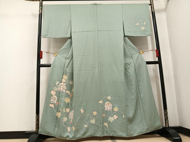 平和屋着物●訪問着　駒刺繍　葡萄草花文　金彩　正絹　逸品　AABK9959ph