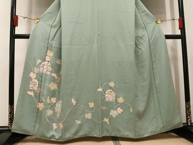 平和屋着物●訪問着　駒刺繍　葡萄草花文　金彩　正絹　逸品　AABK9959ph