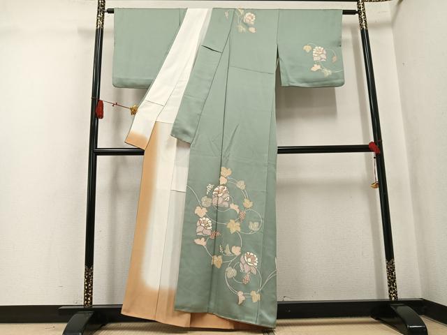 平和屋着物●訪問着　駒刺繍　葡萄草花文　金彩　正絹　逸品　AABK9959ph