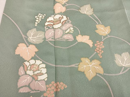 平和屋着物●訪問着　駒刺繍　葡萄草花文　金彩　正絹　逸品　AABK9959ph