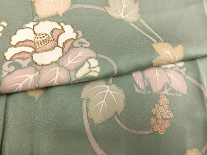 平和屋着物●訪問着　駒刺繍　葡萄草花文　金彩　正絹　逸品　AABK9959ph