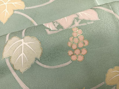 平和屋着物●訪問着　駒刺繍　葡萄草花文　金彩　正絹　逸品　AABK9959ph