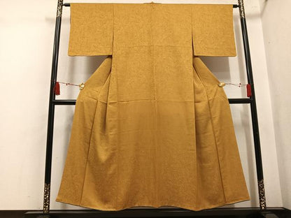 平和屋着物●上質な色無地　墨流し地紋　黄朽葉色　正絹　逸品　AABK9962ph