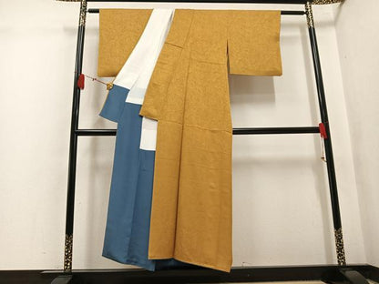 平和屋着物●上質な色無地　墨流し地紋　黄朽葉色　正絹　逸品　AABK9962ph