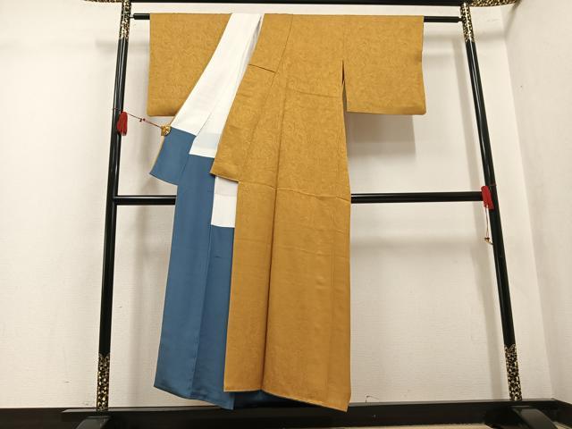 平和屋着物●上質な色無地　墨流し地紋　黄朽葉色　正絹　逸品　AABK9962ph